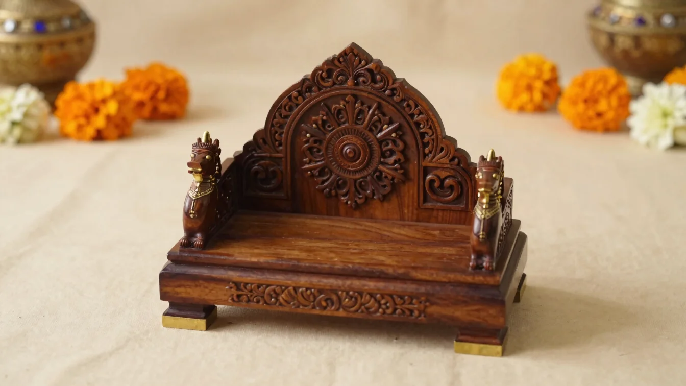 Product photograph of a carved wooden singhasan with brass accent