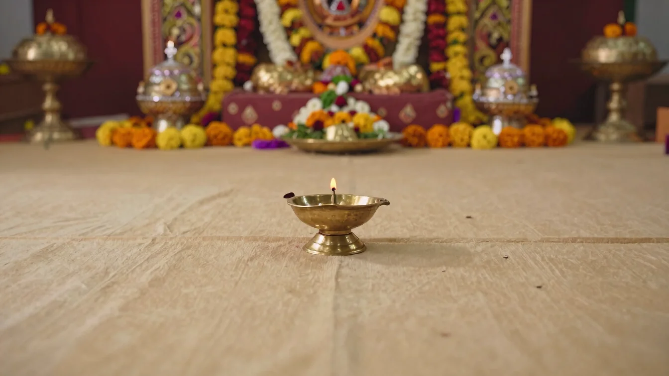 Wide altar vignette with a jewel-toned Bhagwan ji backdrop behind