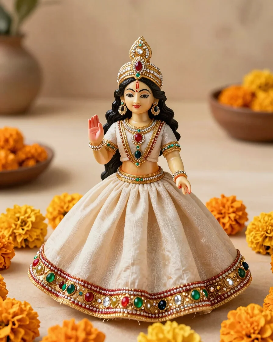 Editorial product photograph of a customized Laddu Gopal dress being fitted on a small deity, hand-stitched zari border