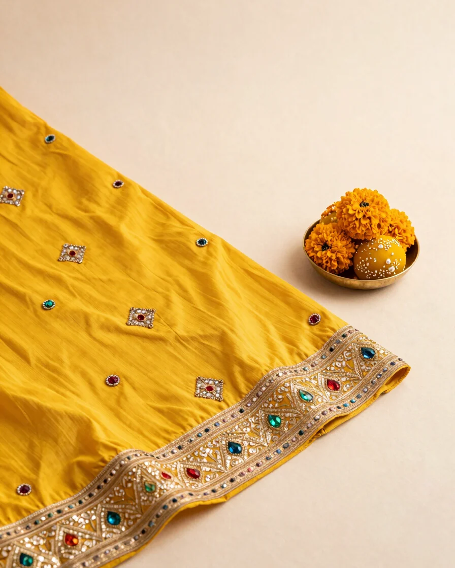Overhead editorial product photograph of a customized Laddu Gopal